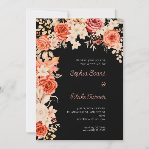 Romantic Orange and White Roses Black Wedding Invitation