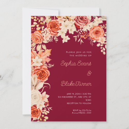 Romantic Orange and White Roses Burgundy Wedding Invitation