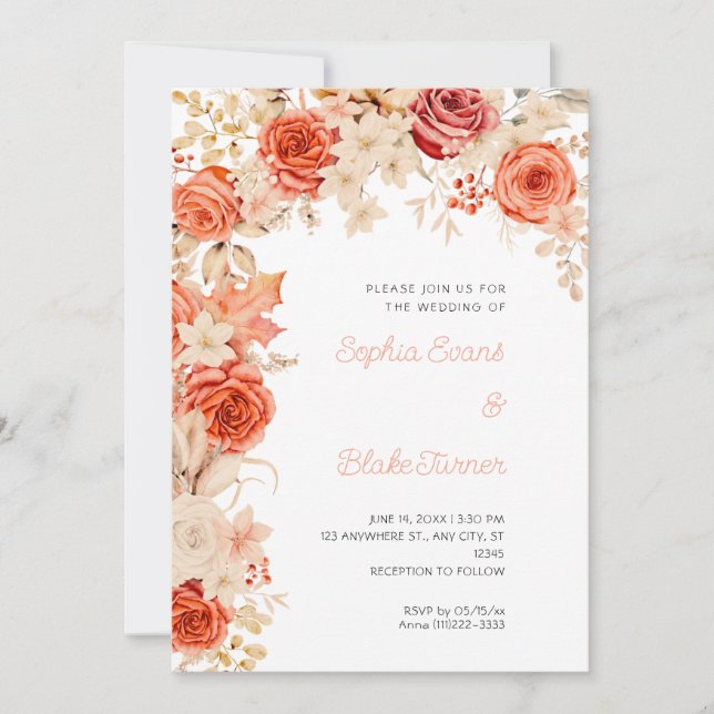 Romantic Orange and White Roses White Wedding Invitation (Front)