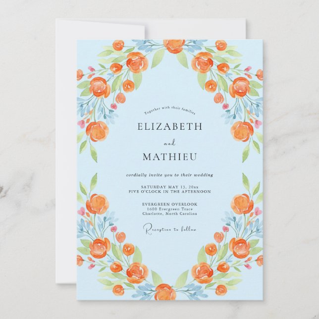 Romantic Orange Azure Petal Wedding Invitation (Front)