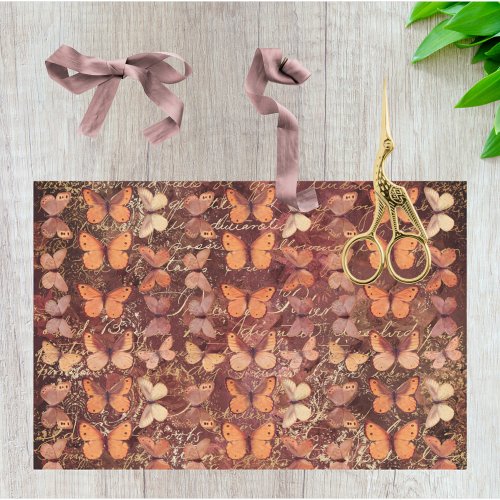 Romantic Orange Butterflies and Gold Handwriting Tissue Paper