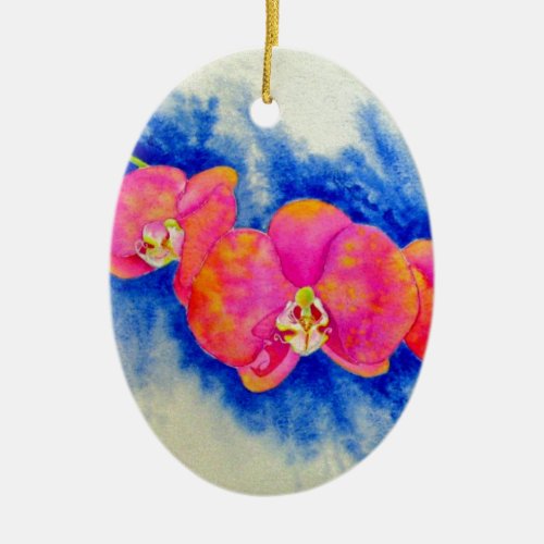 Romantic orange pink watercolor orchid painting  ceramic ornament