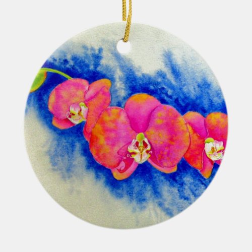 Romantic orange pink watercolor orchid painting  ceramic ornament