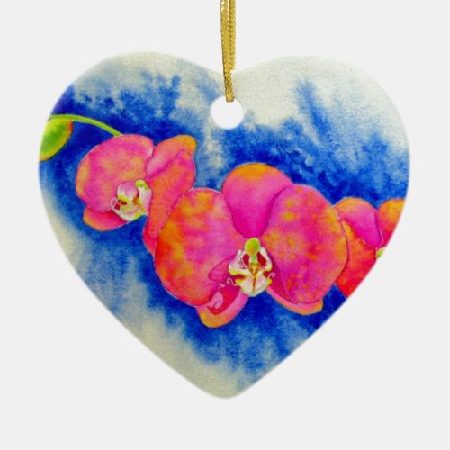 Romantic orange pink watercolor orchid painting  ceramic ornament