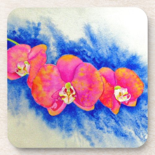 Romantic orange pink watercolor orchid painting  coaster