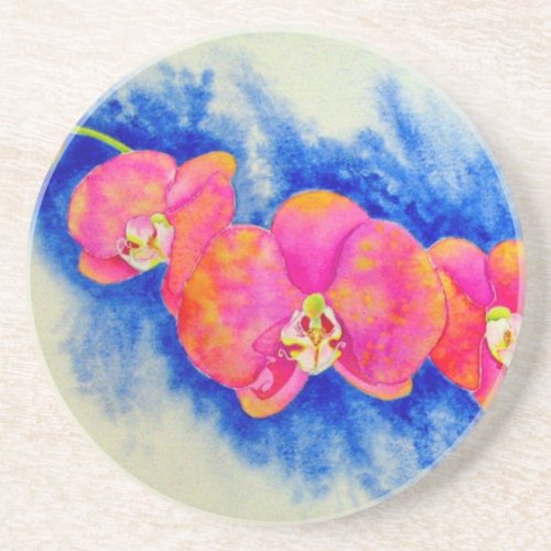 Romantic orange pink watercolor orchid painting  drink coaster