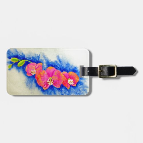 Romantic orange pink watercolor orchid painting  luggage tag