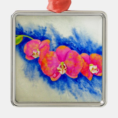 Romantic orange pink watercolor orchid painting  metal ornament