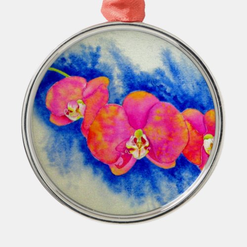 Romantic orange pink watercolor orchid painting  metal ornament