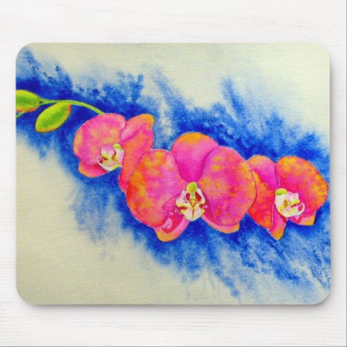 Romantic orange pink watercolor orchid painting  mouse pad