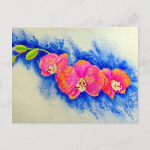 Romantic orange pink watercolor orchid painting  postcard