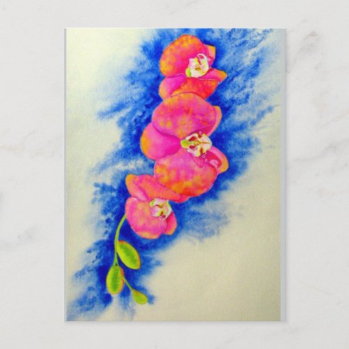 Romantic orange pink watercolor orchid painting  postcard