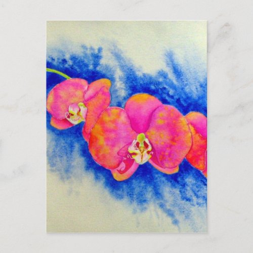 Romantic orange pink watercolor orchid painting  postcard