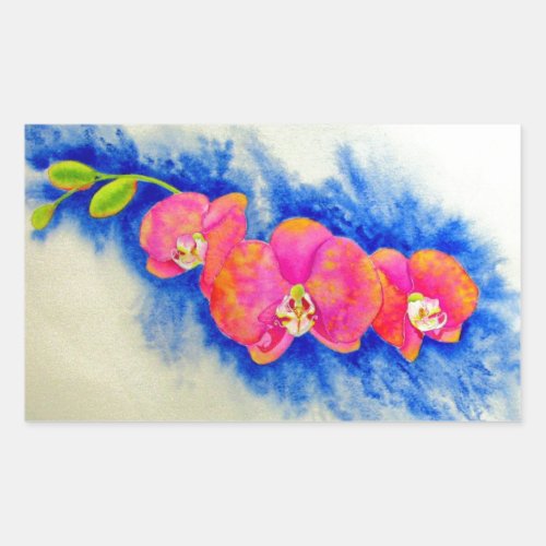 Romantic orange pink watercolor orchid painting  rectangular sticker