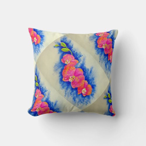 Romantic orange pink watercolor orchid painting  throw pillow