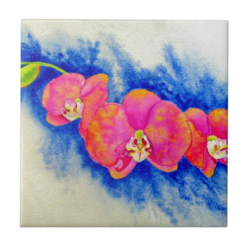 Romantic orange pink watercolor orchid painting  tile