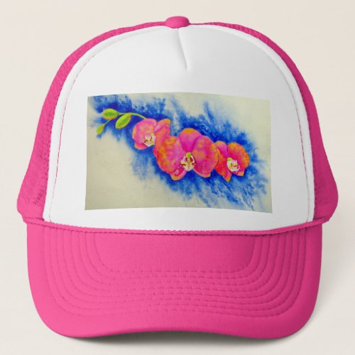 Romantic orange pink watercolor orchid painting  trucker hat