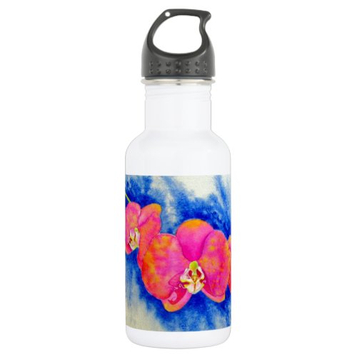 Romantic orange pink watercolor orchid painting  water bottle