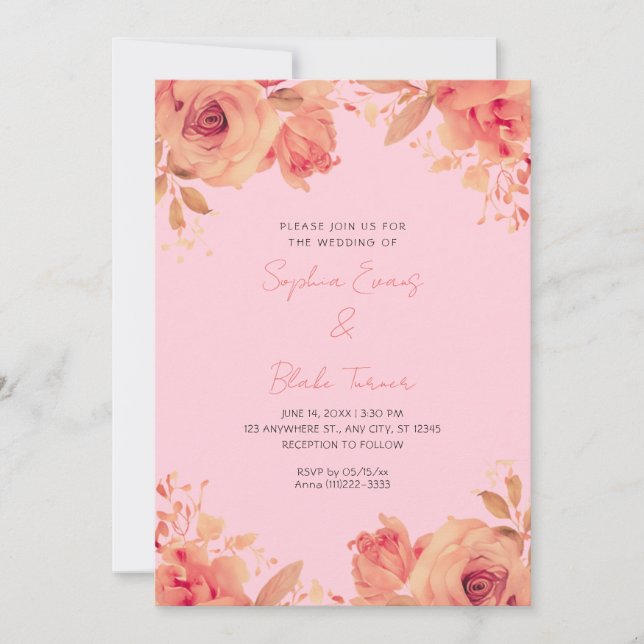 Romantic Orange Roses Summer Pastel Pink Wedding Invitation (Front)