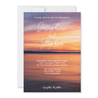 Romantic Orange Sunset Over Lake Serene Wedding Invitation