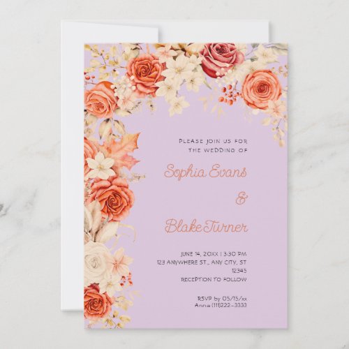 Romantic Orange  White Roses Light Purple Wedding Invitation