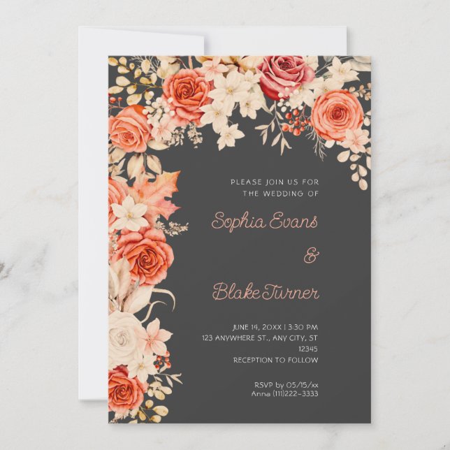 Romantic Orange & White Roses Shadow Gray Wedding Invitation (Front)