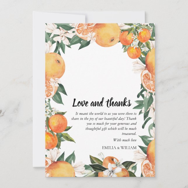 Romantic Oranges Citrus Wedding Photo Thank You Card (Front)