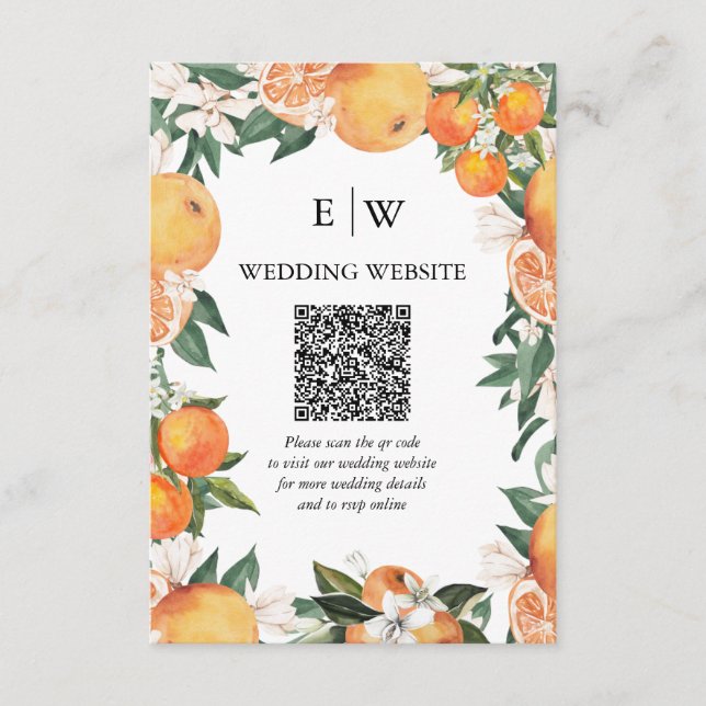 Romantic Oranges Citrus Wedding QR Code Enclosure Card (Front)