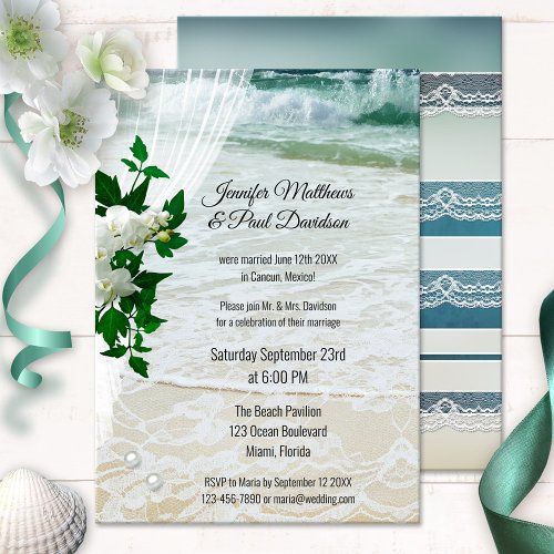 Romantic Orchid Floral Beach Wedding Reception Invitation