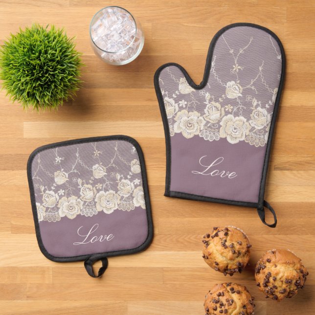 Romantic Orchid Purple Floral Love Oven Mitt & Pot Holder Set (Top Down)
