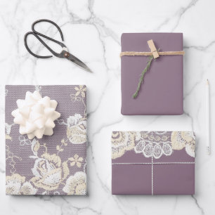 Romantic Orchid Purple White Lace Floral Wedding Wrapping Paper Sheets