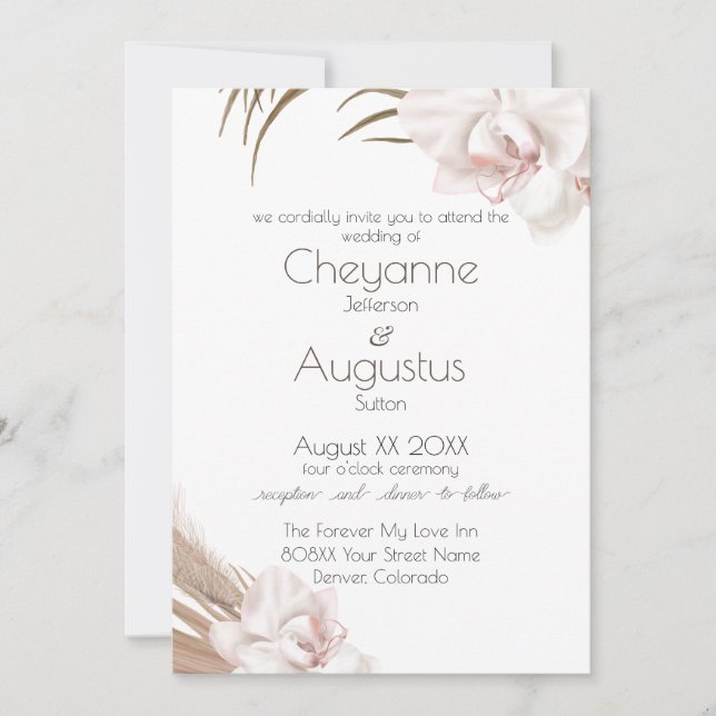 Romantic Orchids and Pampas Grass Wedding Invitation (Front)