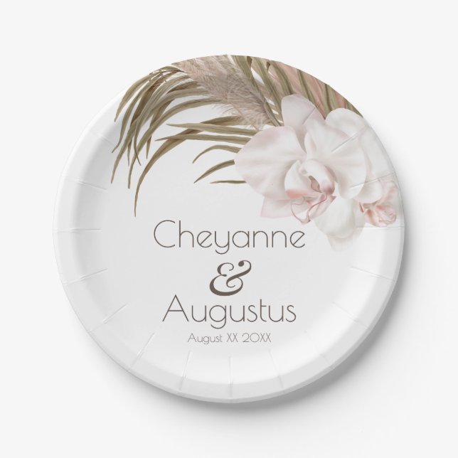 Romantic Orchids and Pampas Grass Wedding Paper Plates (Front)