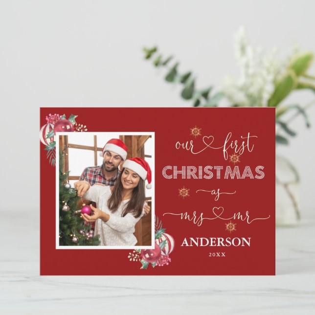 Romantic Our 1st Christmas As Mr. & Mrs. Photo  In Invitation (Standing Front)