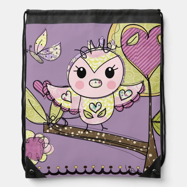 Romantic Owl Drawstring Backpack Bag (Front)
