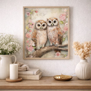 Romantic Owl Pair Floral Nature Cottage Poster