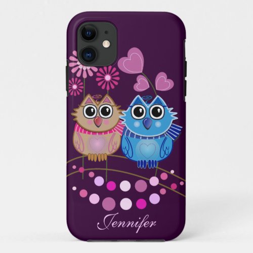 Romantic Owls couple  Custom Name iPhone 11 Case