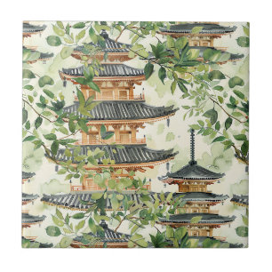 Romantic Pagoda Forest Coral Chinoiserie Ceramic Tile