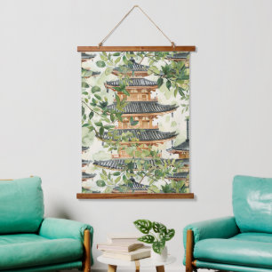 Romantic Pagoda Forest Coral Chinoiserie Hanging Tapestry