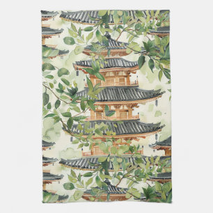Romantic Pagoda Forest Coral Chinoiserie Kitchen Towel