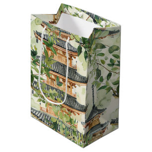 Romantic Pagoda Forest Coral Chinoiserie Medium Gift Bag