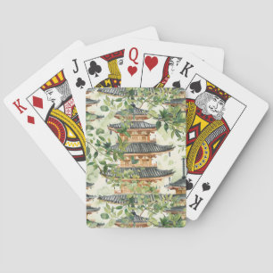 Romantic Pagoda Forest Coral Chinoiserie Poker Cards
