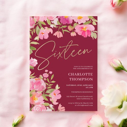 Romantic Painted Pink Floral burgundy Sweet 16 Invitation