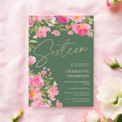 Romantic Painted Pink Floral green Sweet 16 Invitation