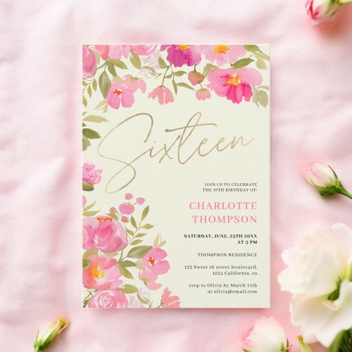Romantic Painted Pink Floral ivory Sweet 16 Invitation