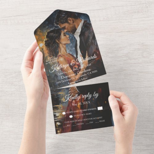 Romantic painting of a couple dancing in the rain all in one invitation