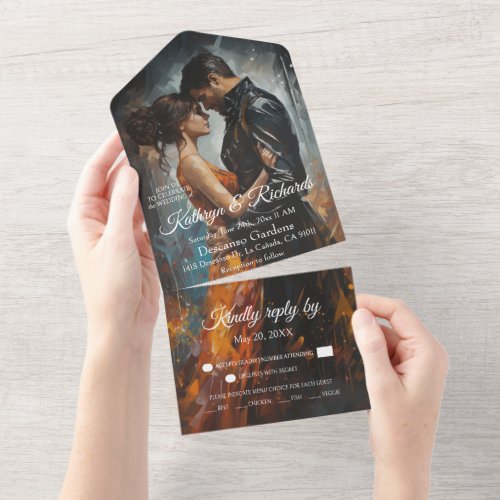 Romantic painting of a couple dancing in the rain all in one invitation