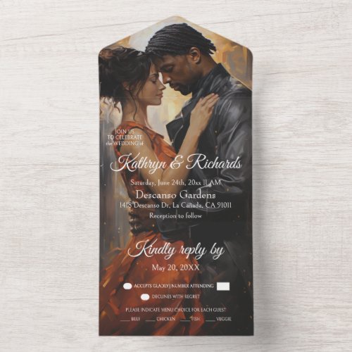 Romantic painting of a couple dancing in the rain all in one invitation