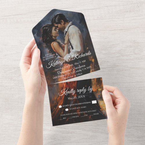 Romantic painting of a couple dancing in the rain all in one invitation