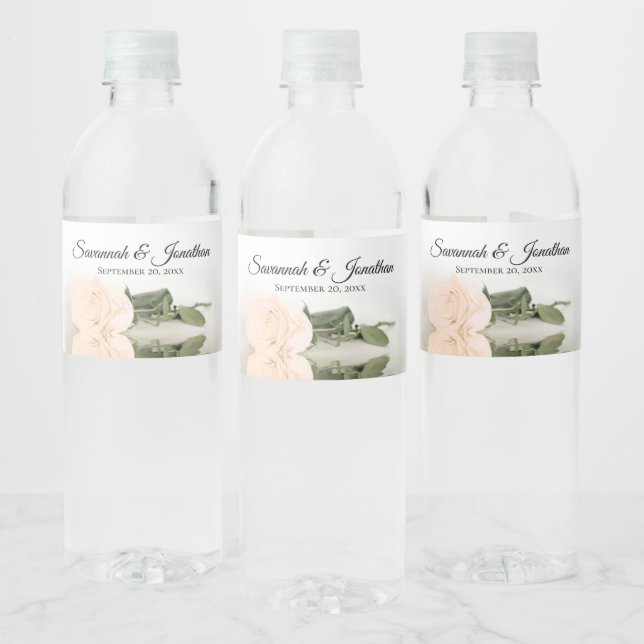 Romantic Pale Blush Peach Rose Elegant Wedding Water Bottle Label (Bottles)
